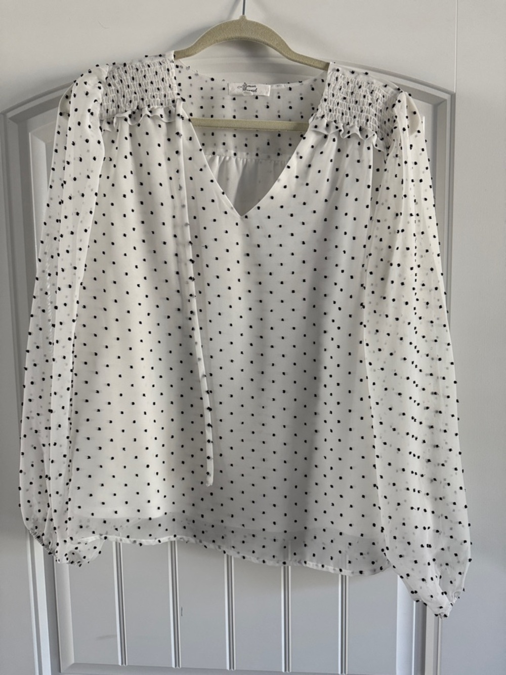 Polka Dot Smocked Shoulder V-Neck Blouse - White/Black
